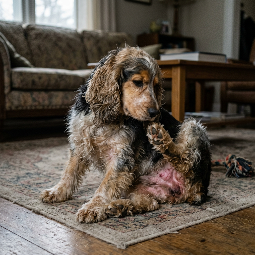 Prima: Cocker Spaniel che si gratta con la pelle irritata