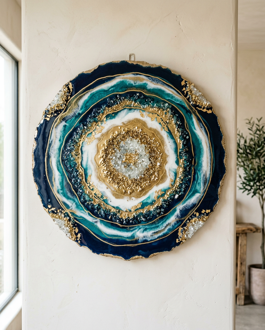 Round geode resin wall art in navy, teal and gold