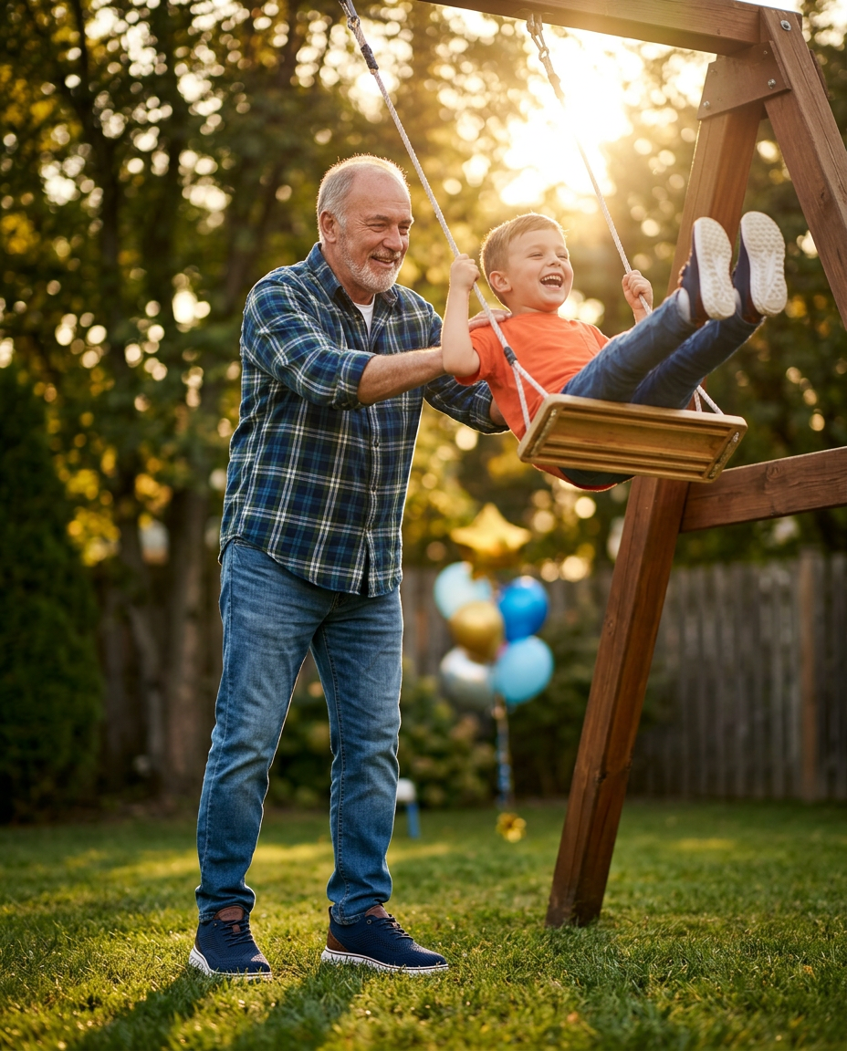 Smiling grandfather in navy OrthoFit sneakers pushing his laughing grandson high on a backyard swing at golden hour