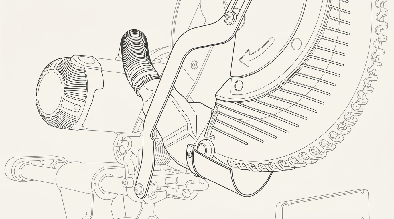 Line drawing of a Shop Nation dust collection chute mounted under a sliding miter saw blade guard with its hose attached