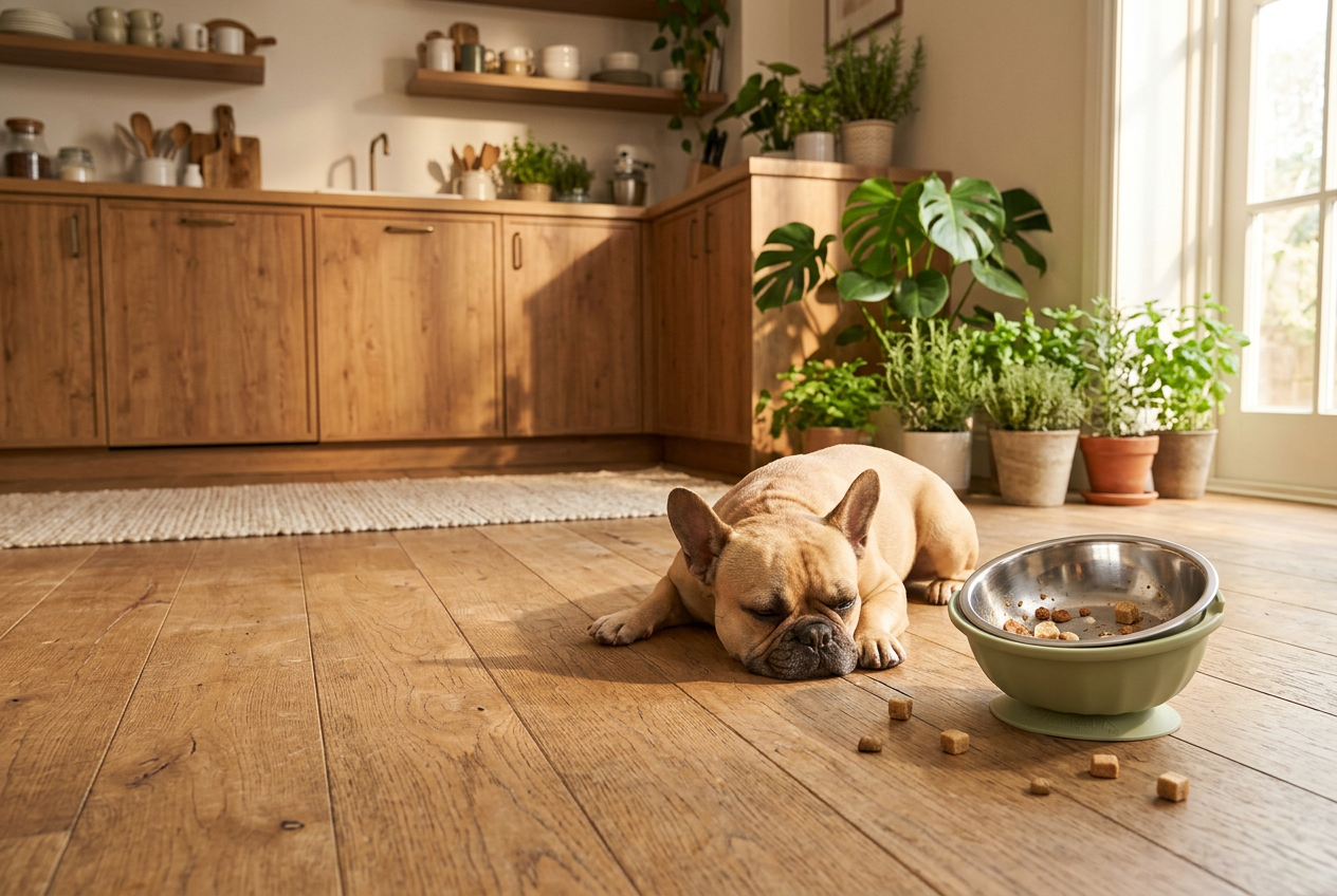 A relaxed French bulldog lying beside the tilted bowl in a sunny kitchen