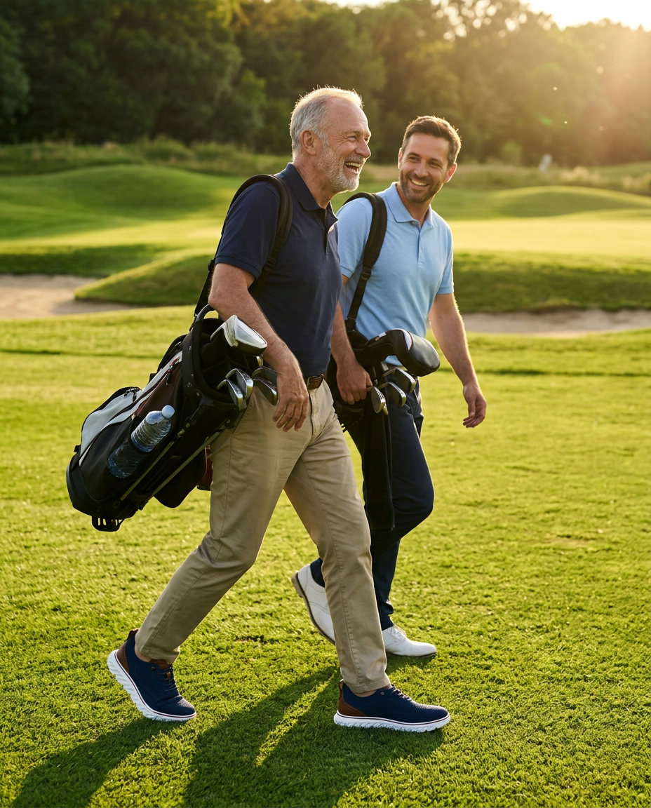 Laughing grey-bearded man in his sixties carrying his golf bag across a fairway with his son-in-law, wearing navy OrthoFit sneakers