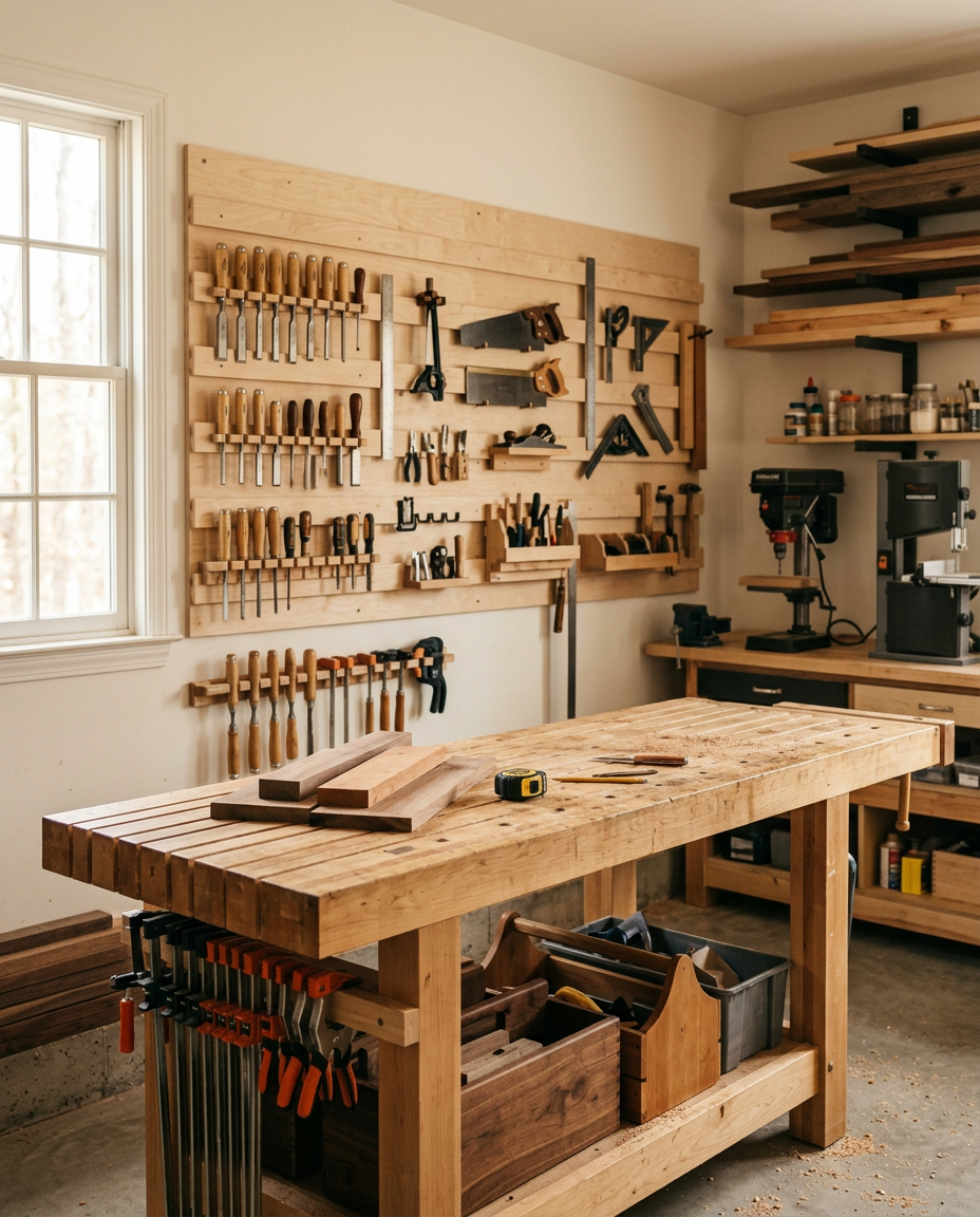 An organized home woodworking shop with tools hung on a french-cleat wall above a maple workbench