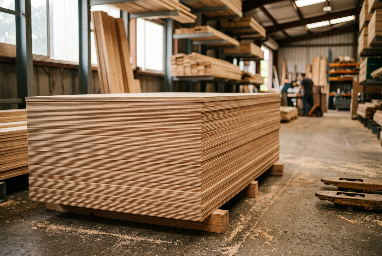 Stack of birch plywood sheets showing their layered edges