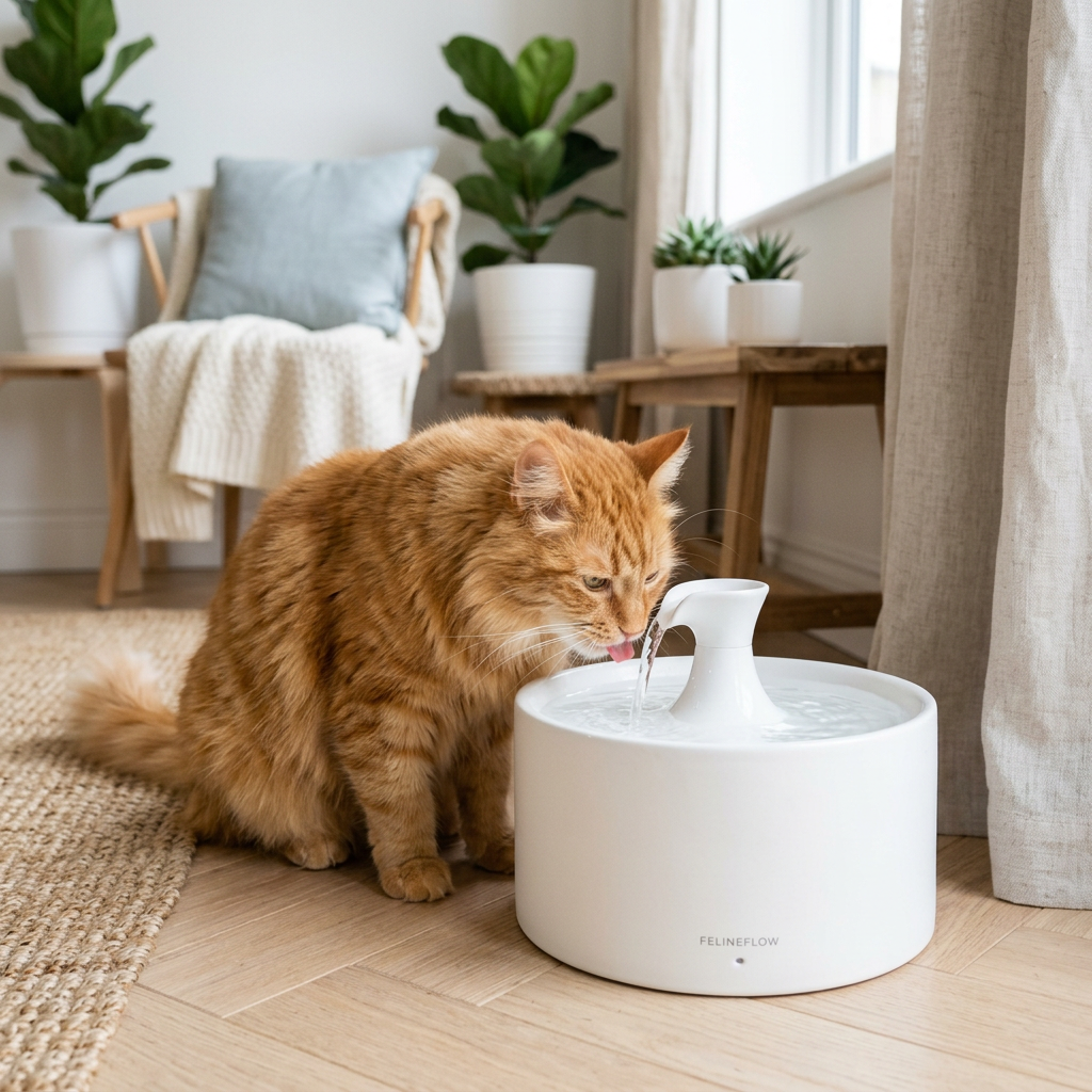 An orange cat drinking from a white ceramic water fountain