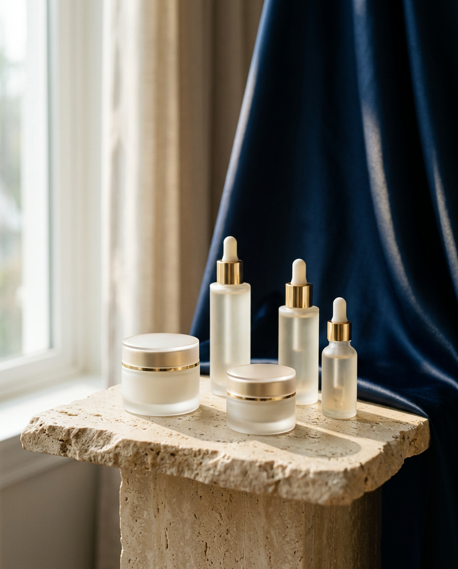 Frascos de cosmética em vidro fosco com detalhes dourados sobre um pedestal de travertino, junto a um drapeado de veludo azul