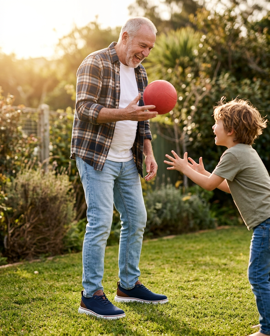 Laughing grandfather in navy OrthoFit sneakers tossing a red ball to his excited grandson on a sunny lawn