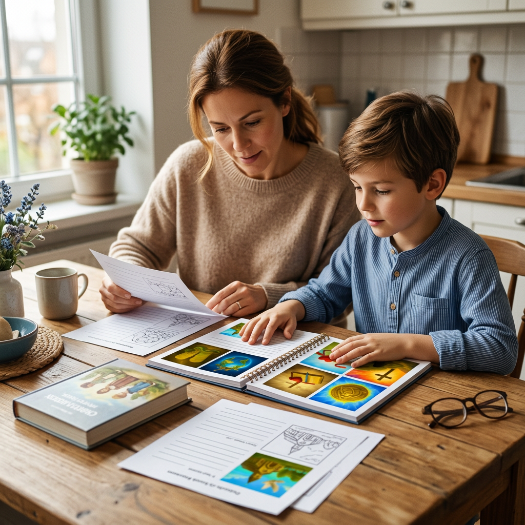 Mother and son comparing children's Bible study books at the kitchen table
