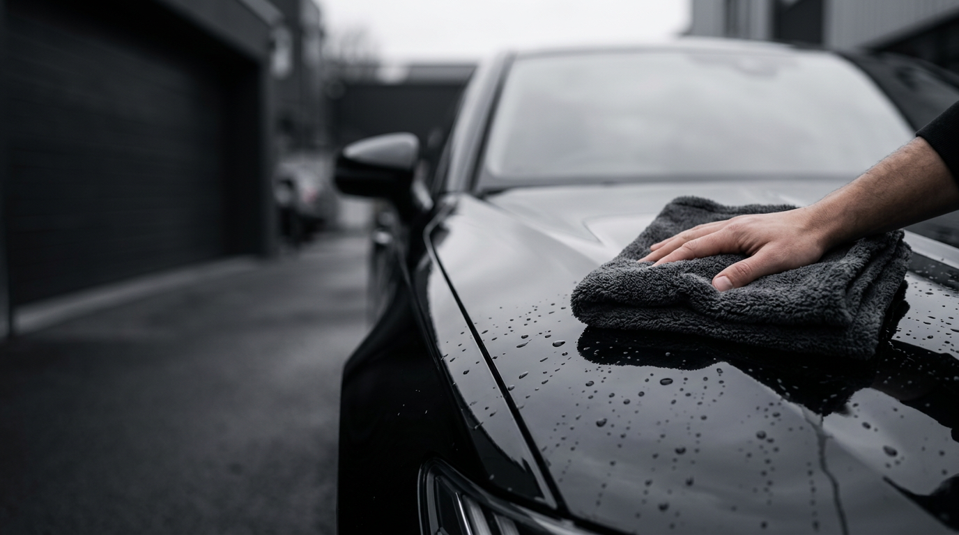 Hand trocknet eine schwarze Motorhaube mit dem grauen VeloWipe Mikrofasertuch