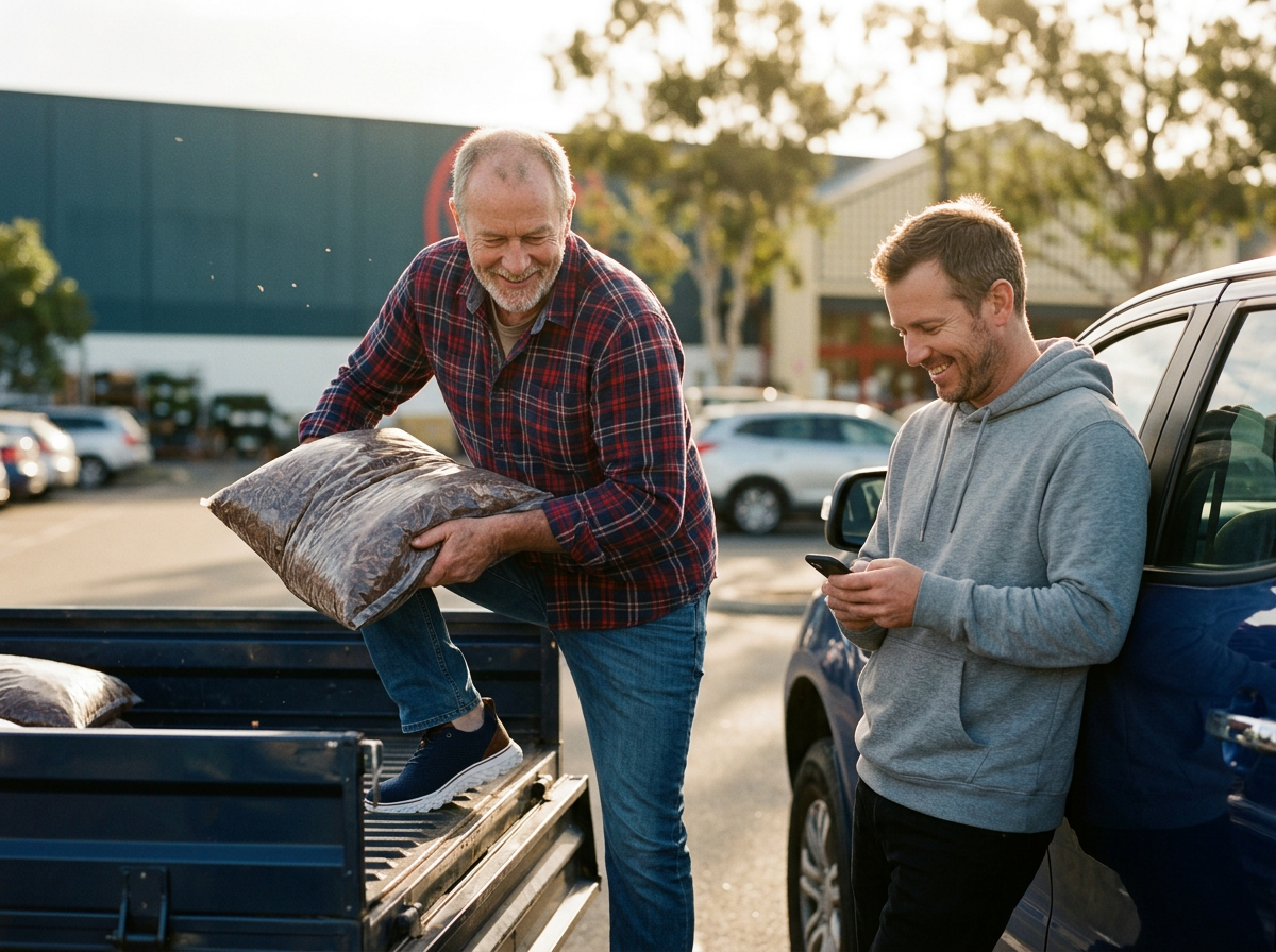Grinning man in his sixties lifting a bag of mulch into a pickup truck while his son smiles at his phone in a hardware store car park