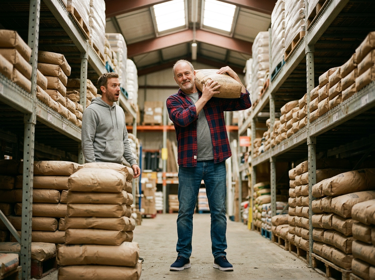 Grey-bearded man in his sixties carrying a heavy sack of concrete mix on his shoulder in a hardware store aisle while his surprised son looks on