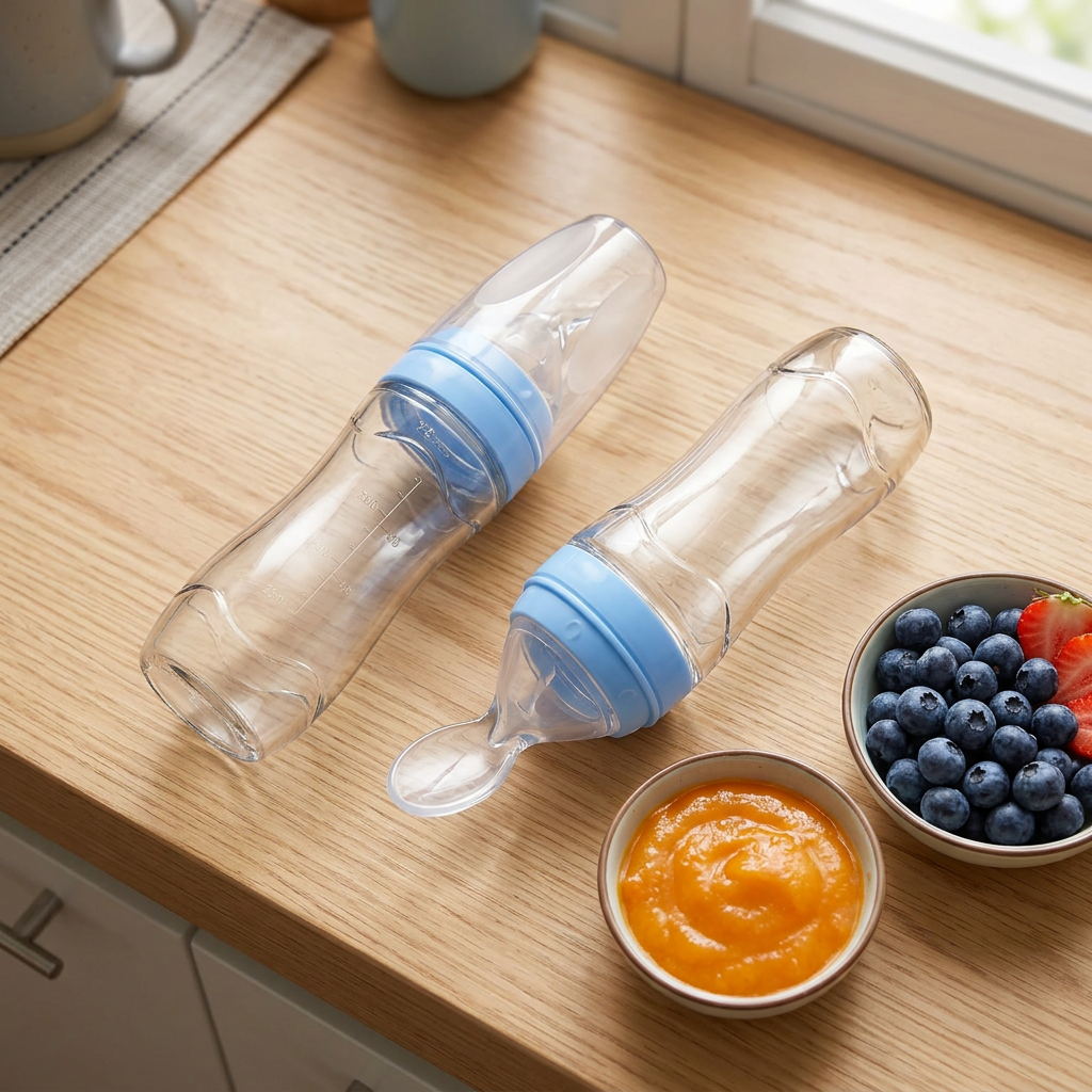 Customer photo: blue feeders on a kitchen counter