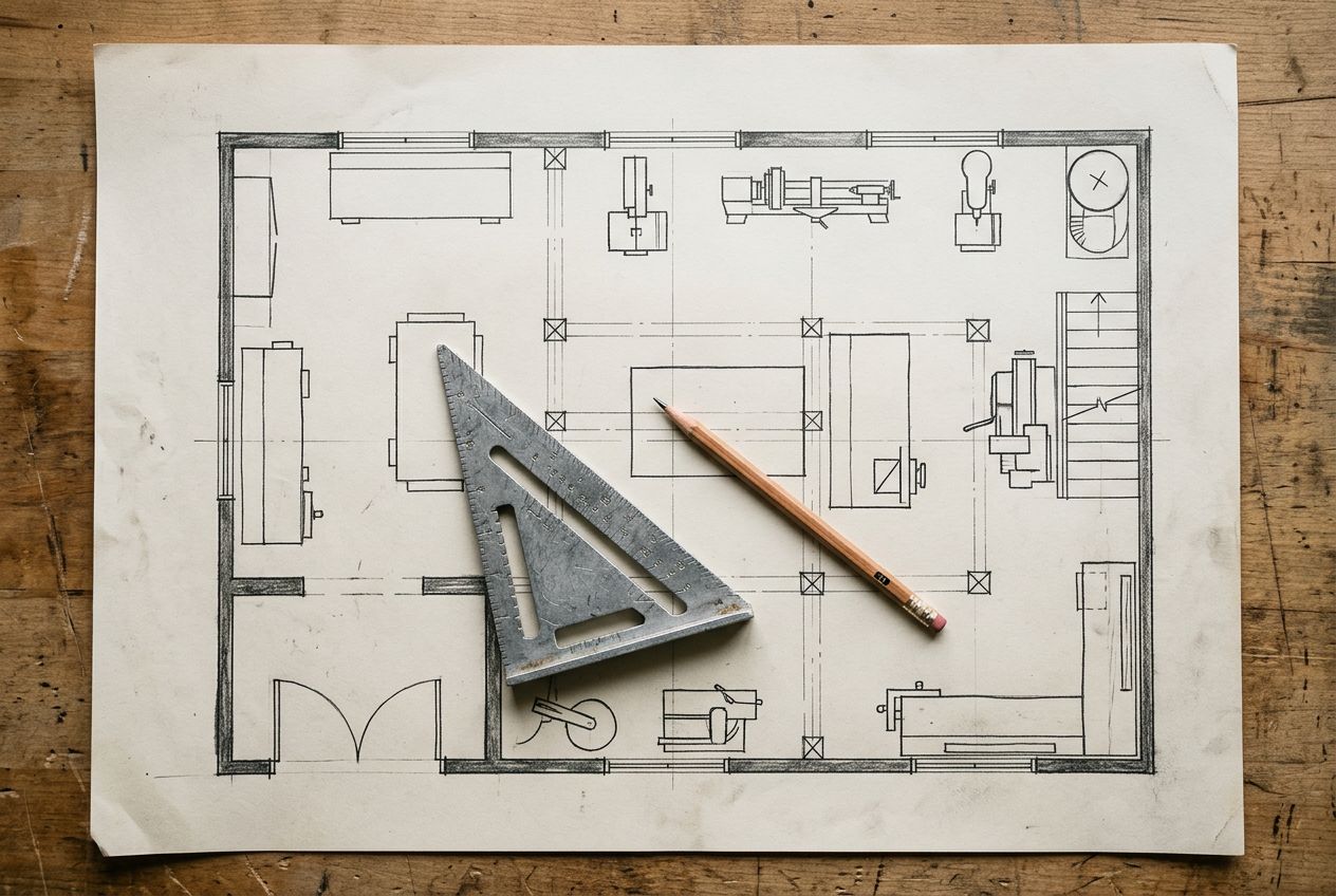 Hand-drawn workshop floor plan with a speed square and pencil