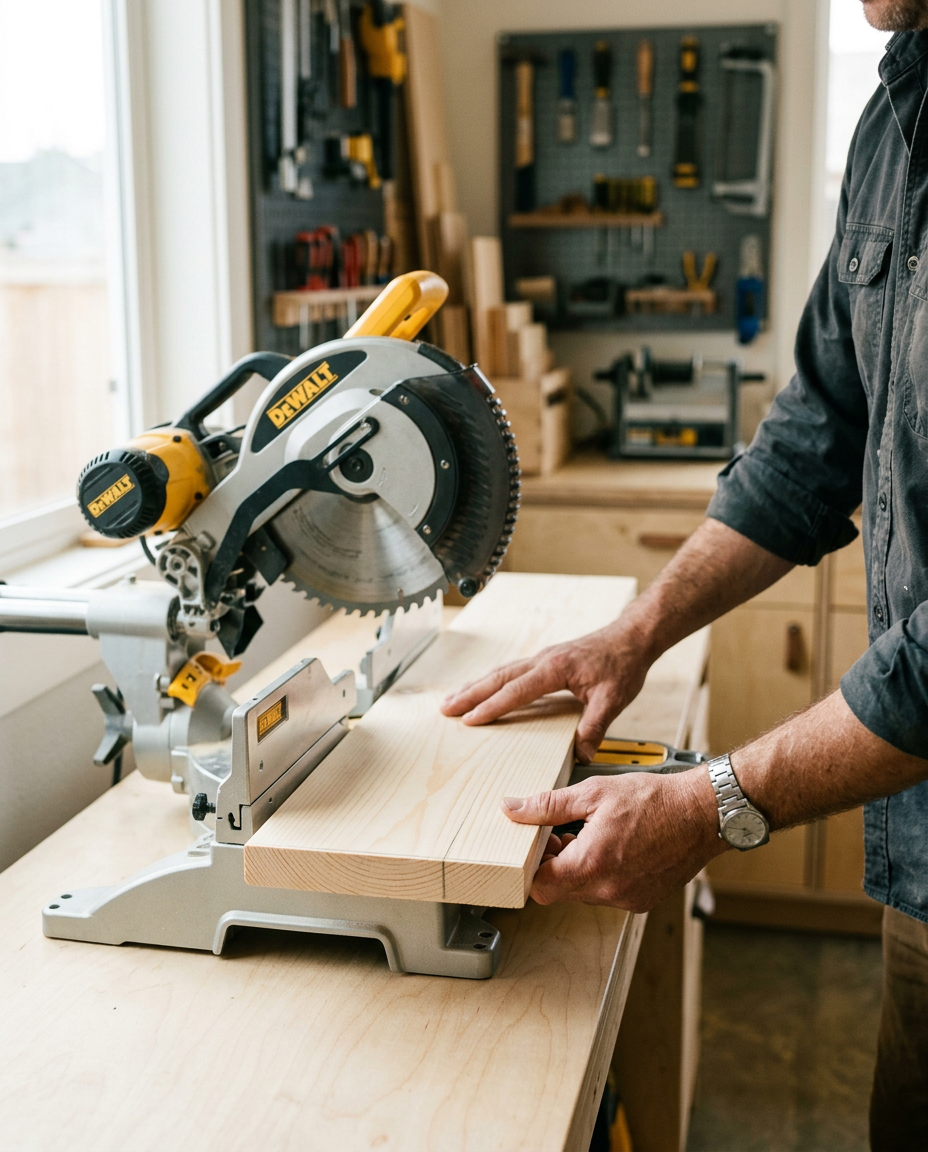 Woodworker holding a cleanly cut pine board beside a dust-free miter saw
