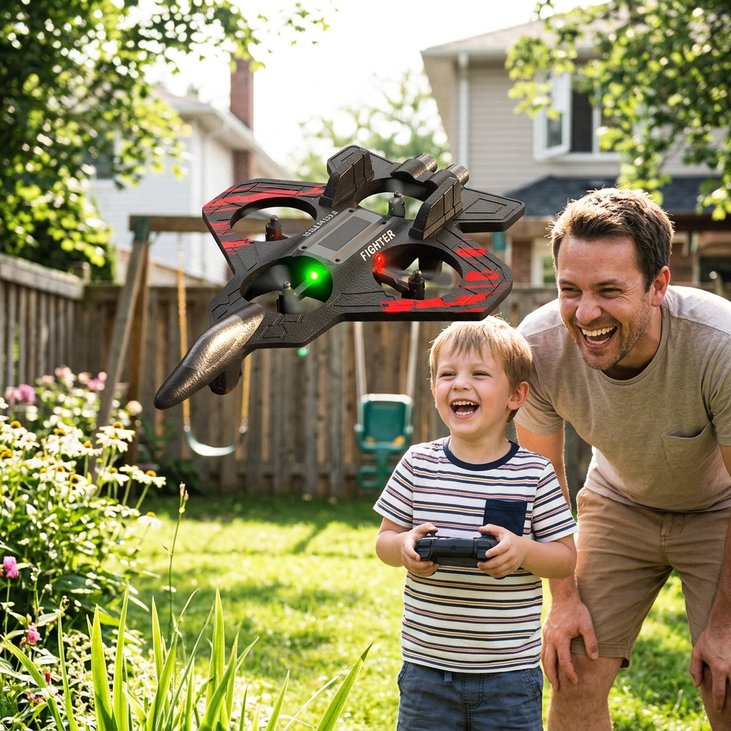 Dad and son laughing as the stunt jet hovers in their back garden