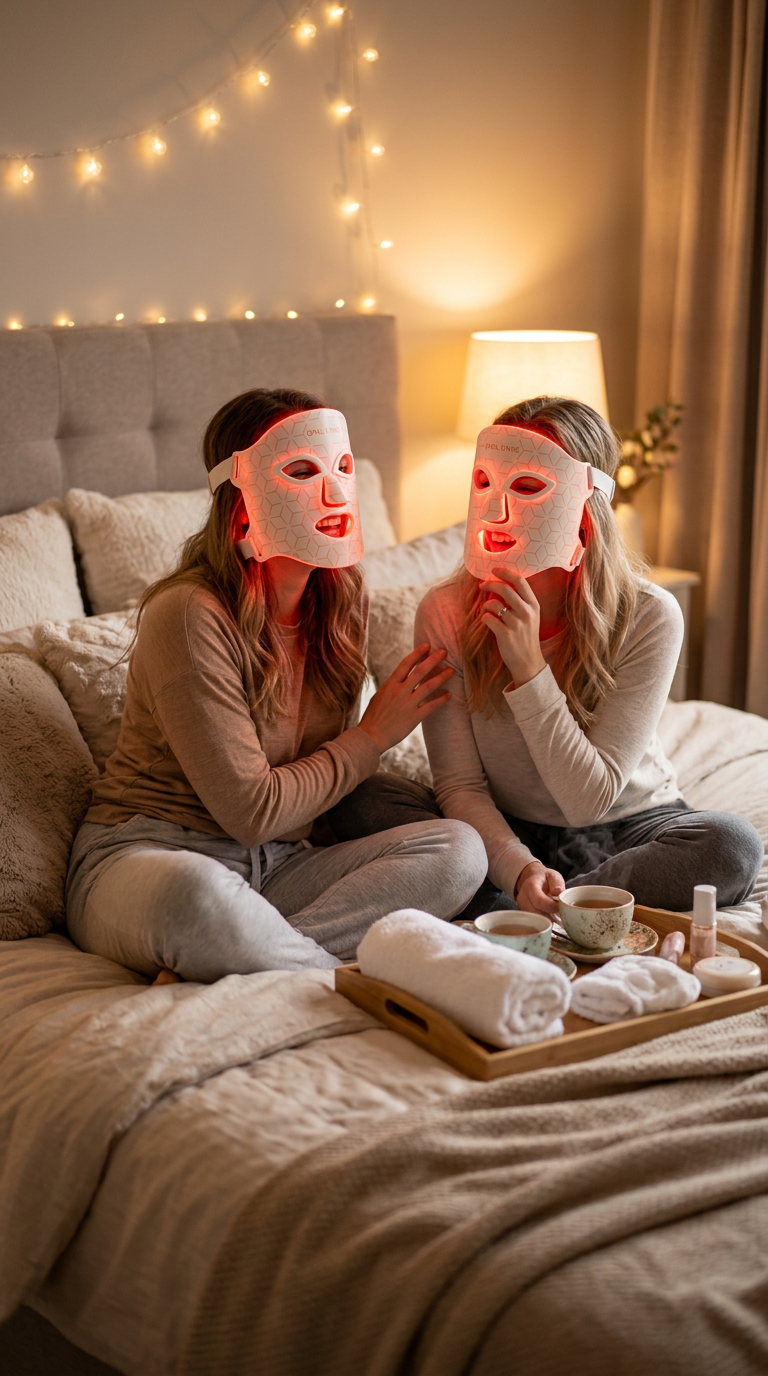 Two friends sharing a self-care night, both wearing Opalienne masks