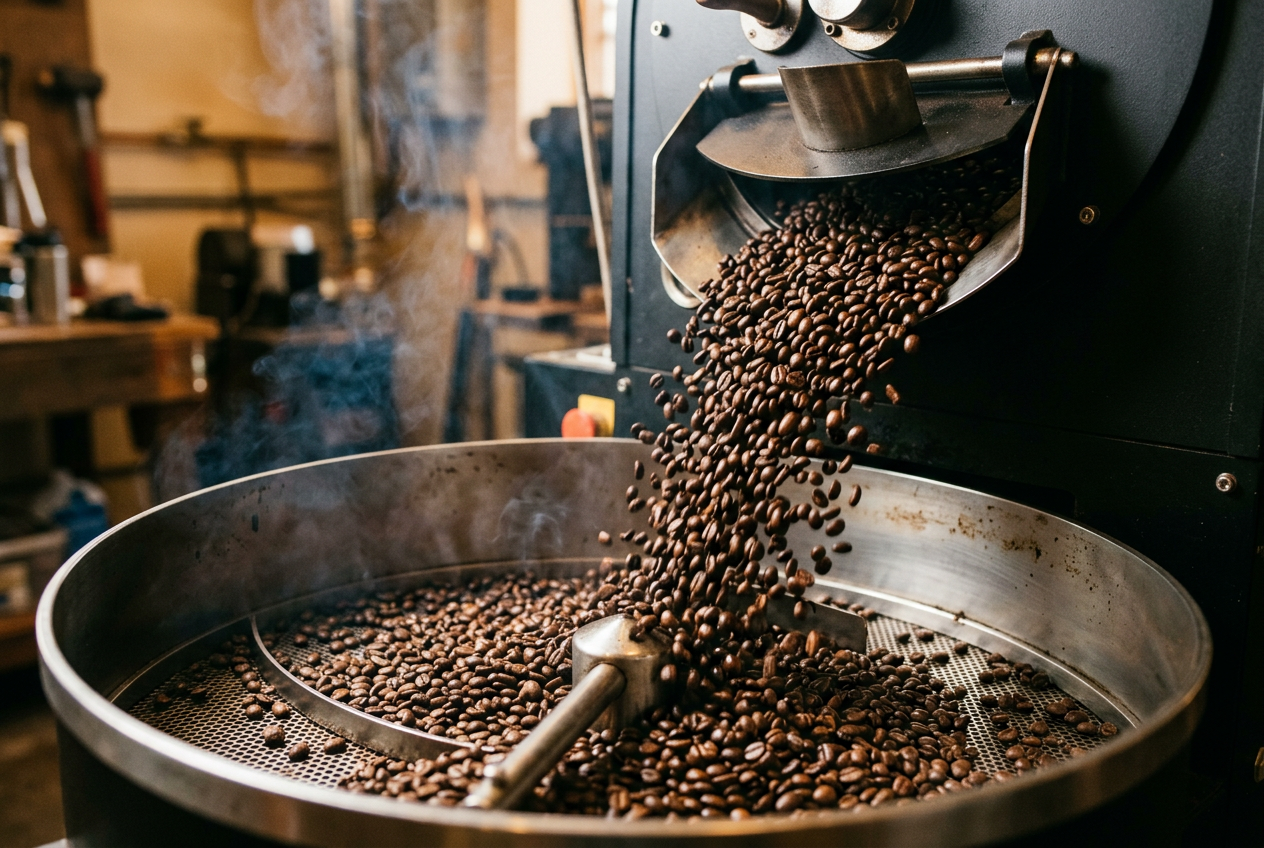 Freshly roasted coffee beans tumbling into a roaster's cooling tray