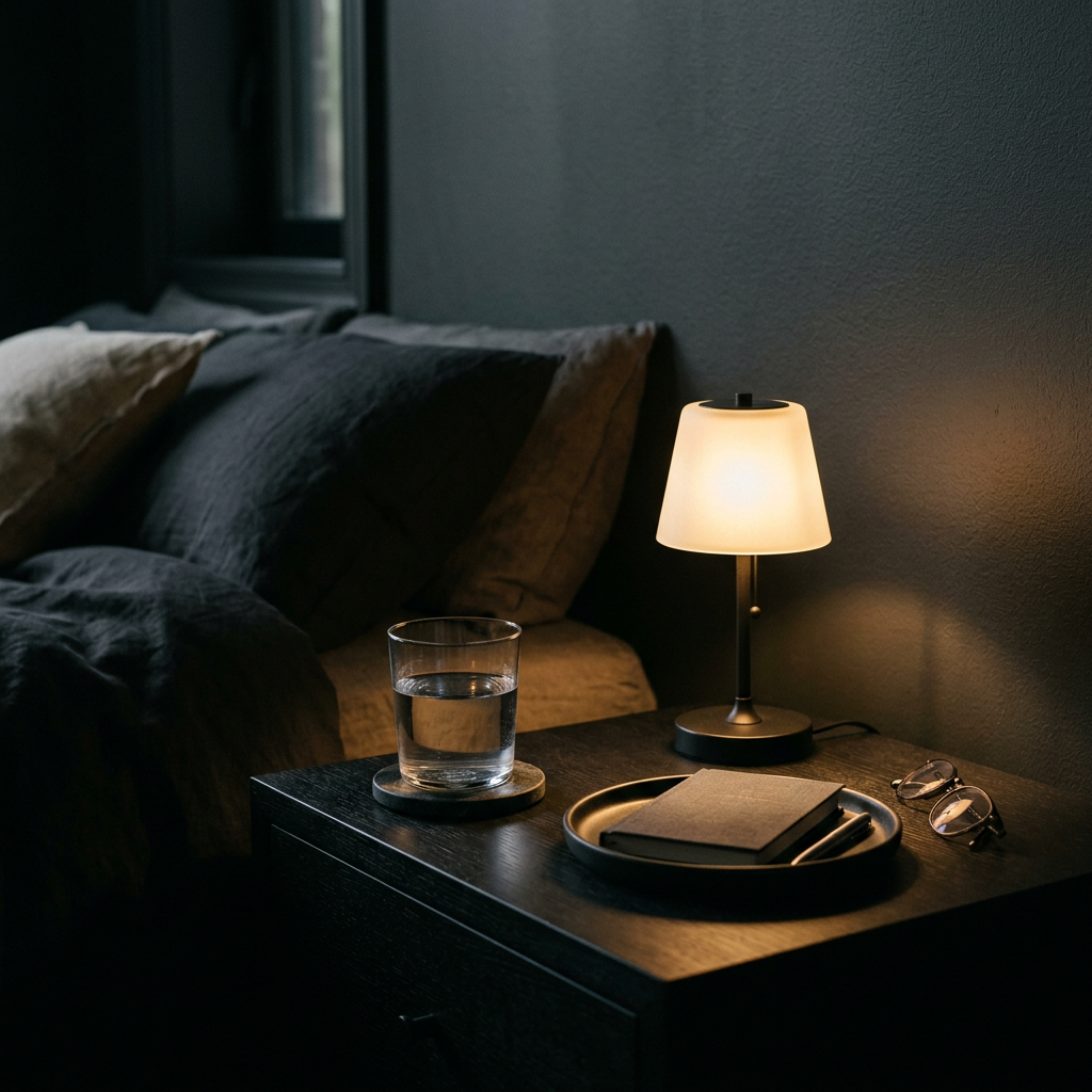 Bedside table with a glass of water at night