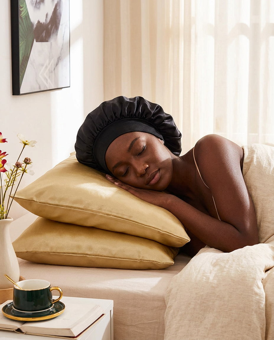 Black woman sleeping peacefully on a champagne ZELAVY satin pillowcase while wearing a classic black satin bonnet