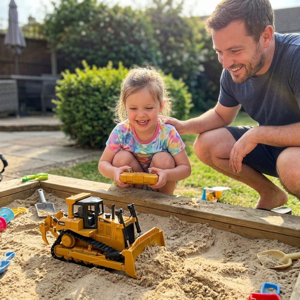 Dad and daughter driving the mini RC bulldozer through a garden sand pit
