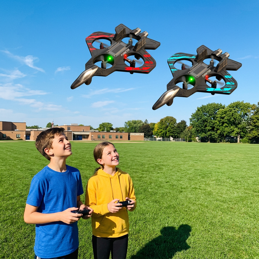 Two siblings flying a blue and a red stunt jet side by side on a playing field