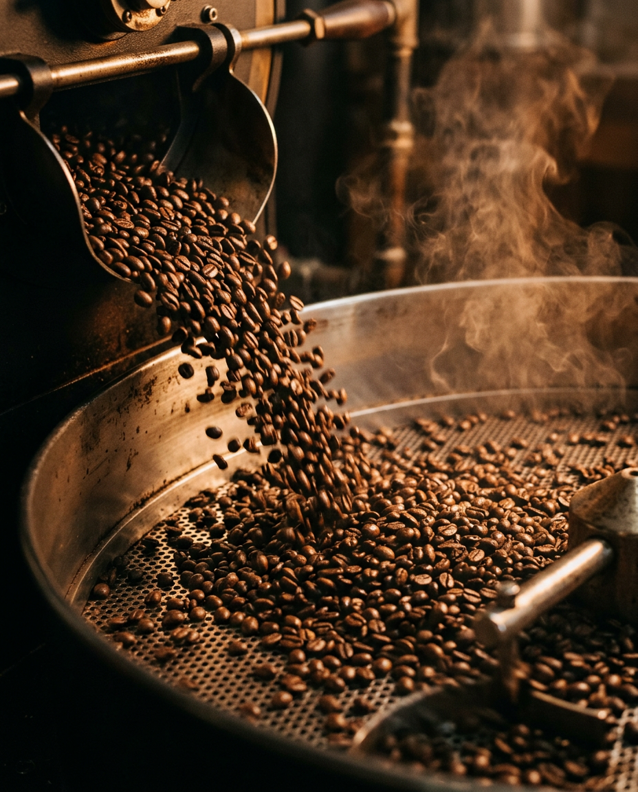 Freshly roasted coffee beans tumbling into a roaster's cooling tray in warm amber light