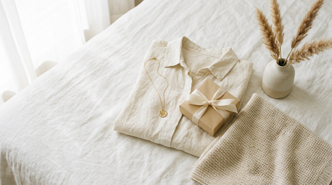Linen shirt, gold necklace, wrapped gift and knitted baby blanket arranged on white linen