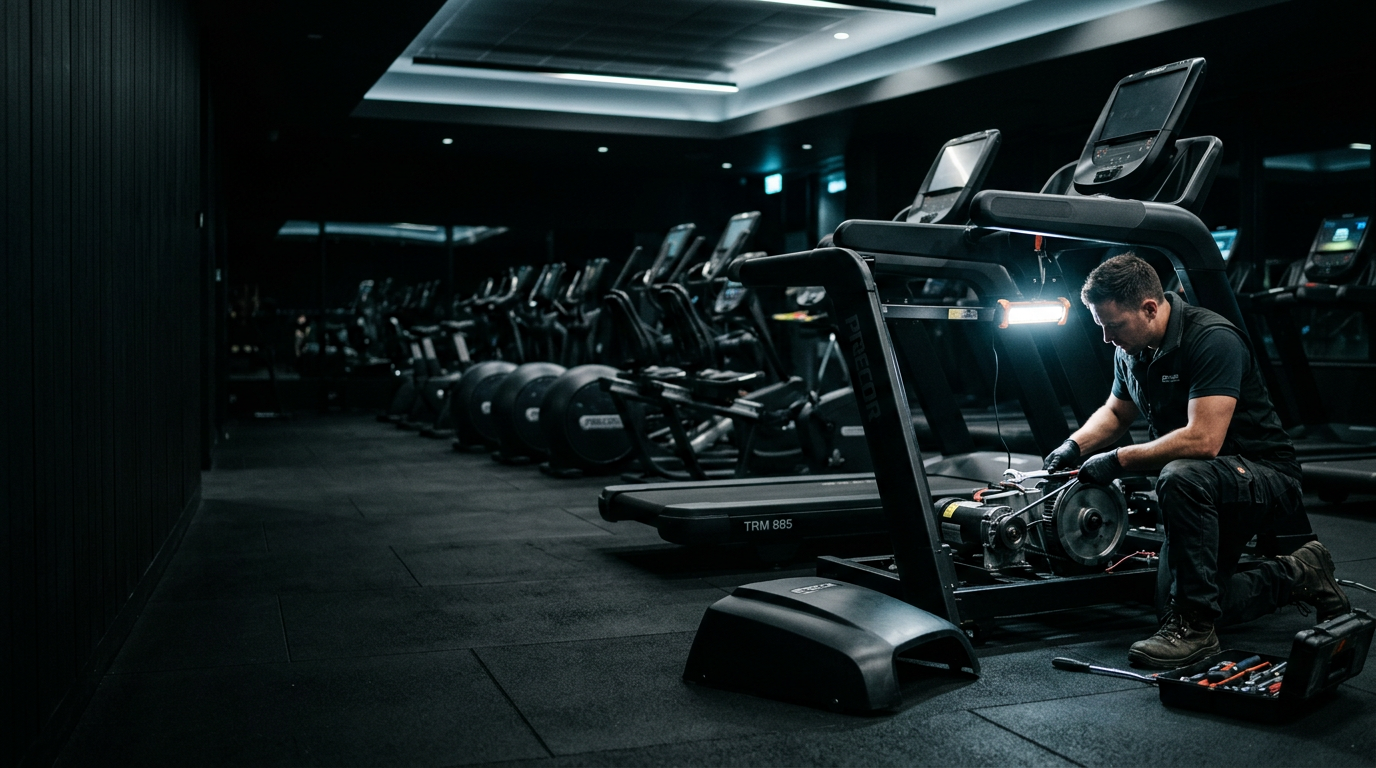 Ace Fitness technician servicing the motor of a commercial treadmill