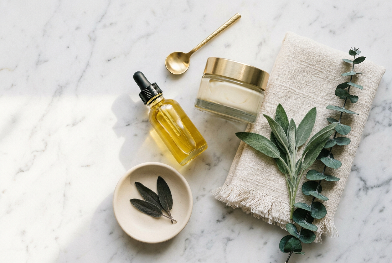 Morning skincare flat lay with a serum dropper, cream jar and linen towel on white marble with sage sprigs