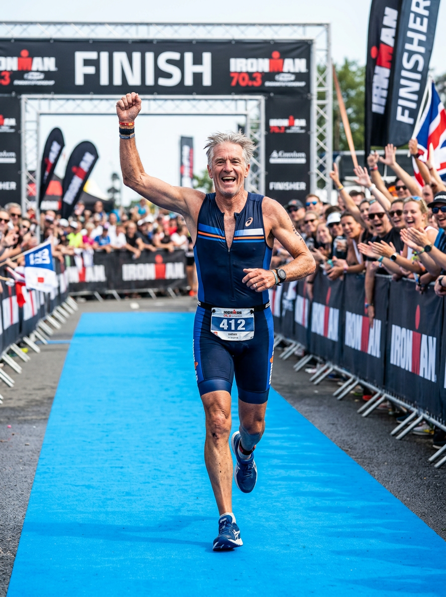 Triathlete running down the blue finish carpet