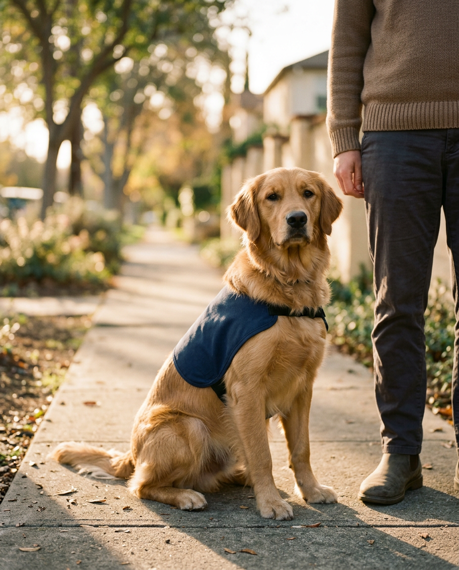 A golden retriever service dog in training sitting calmly beside its handler