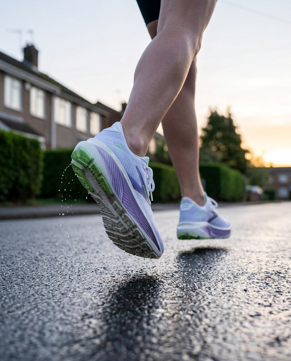 Close-up of a runner's feet mid-stride in Brooks Ghost trainers on a quiet road at sunrise