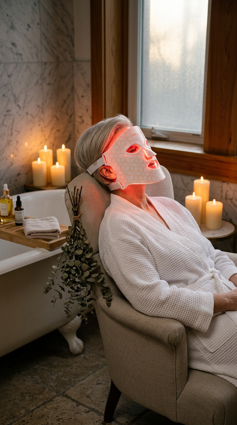 Woman in a waffle robe relaxing in a candlelit bathroom wearing the Opalienne mask
