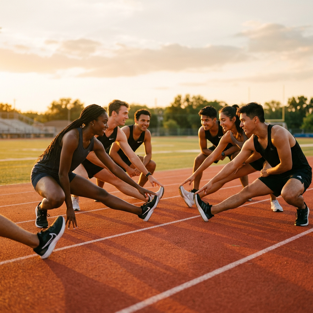 Athletes stretching on a track at golden hour