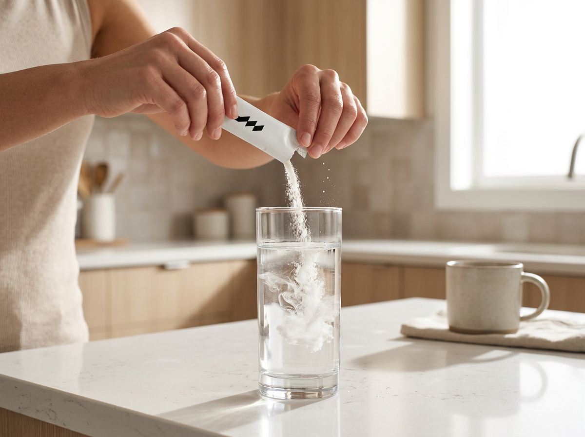 Pouring an ONYU stick pack into a glass of water in the morning
