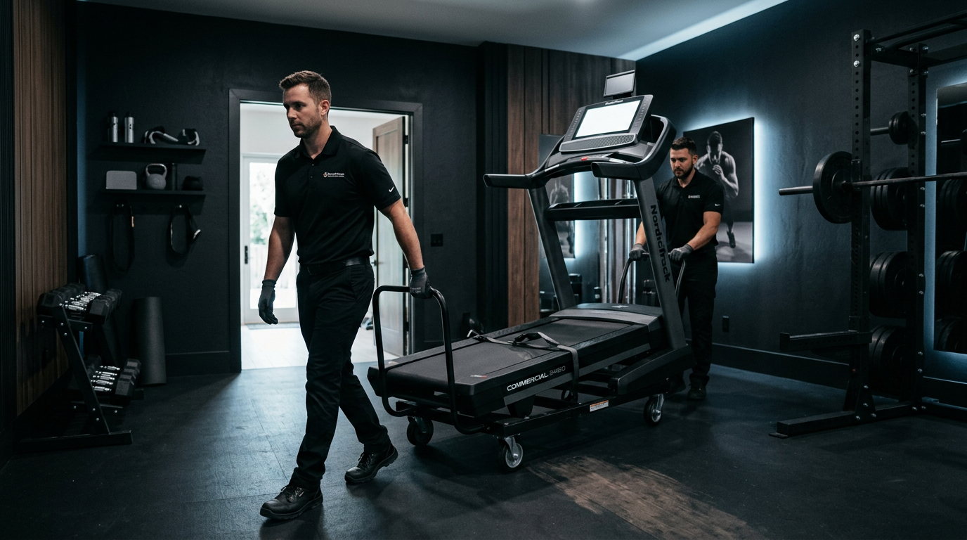 Delivery technicians wheeling a commercial treadmill into a home gym