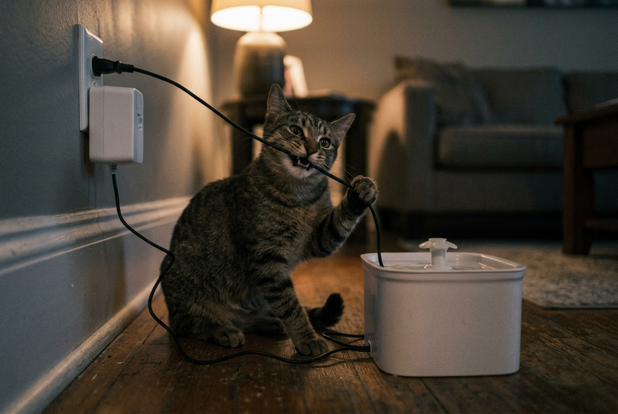 A young cat biting the live power cable of a cheap plug-in pet fountain near a wall socket