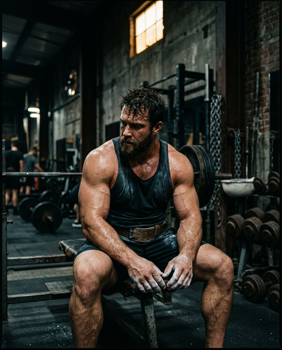 Strength athlete resting between sets in a gym