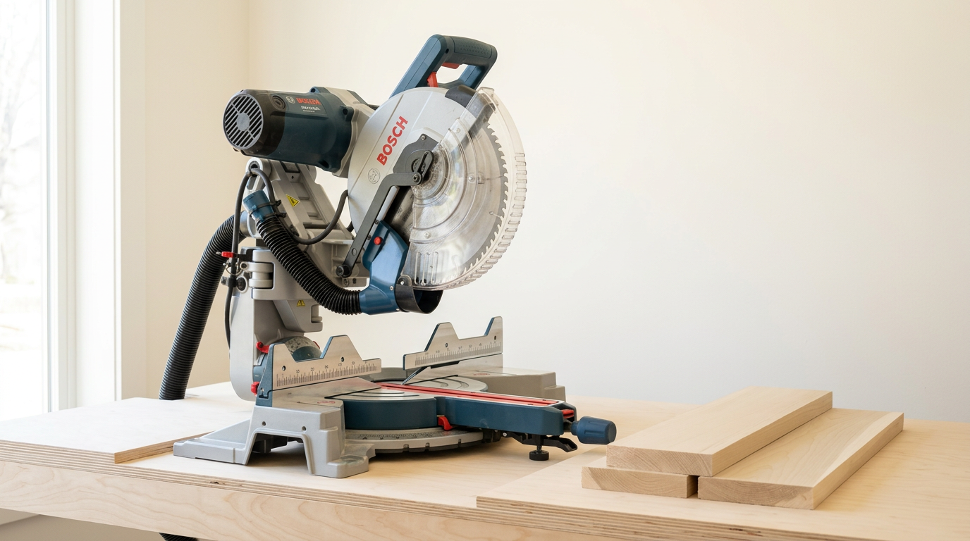 Bosch Axial Glide miter saw with dust chute installed on a clean plywood miter station