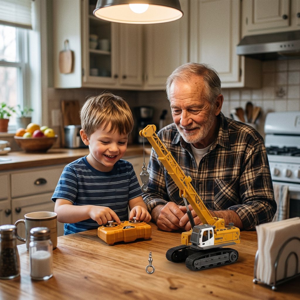 Grandfather and grandson watching the mini RC crawler crane lift its hook at the kitchen table