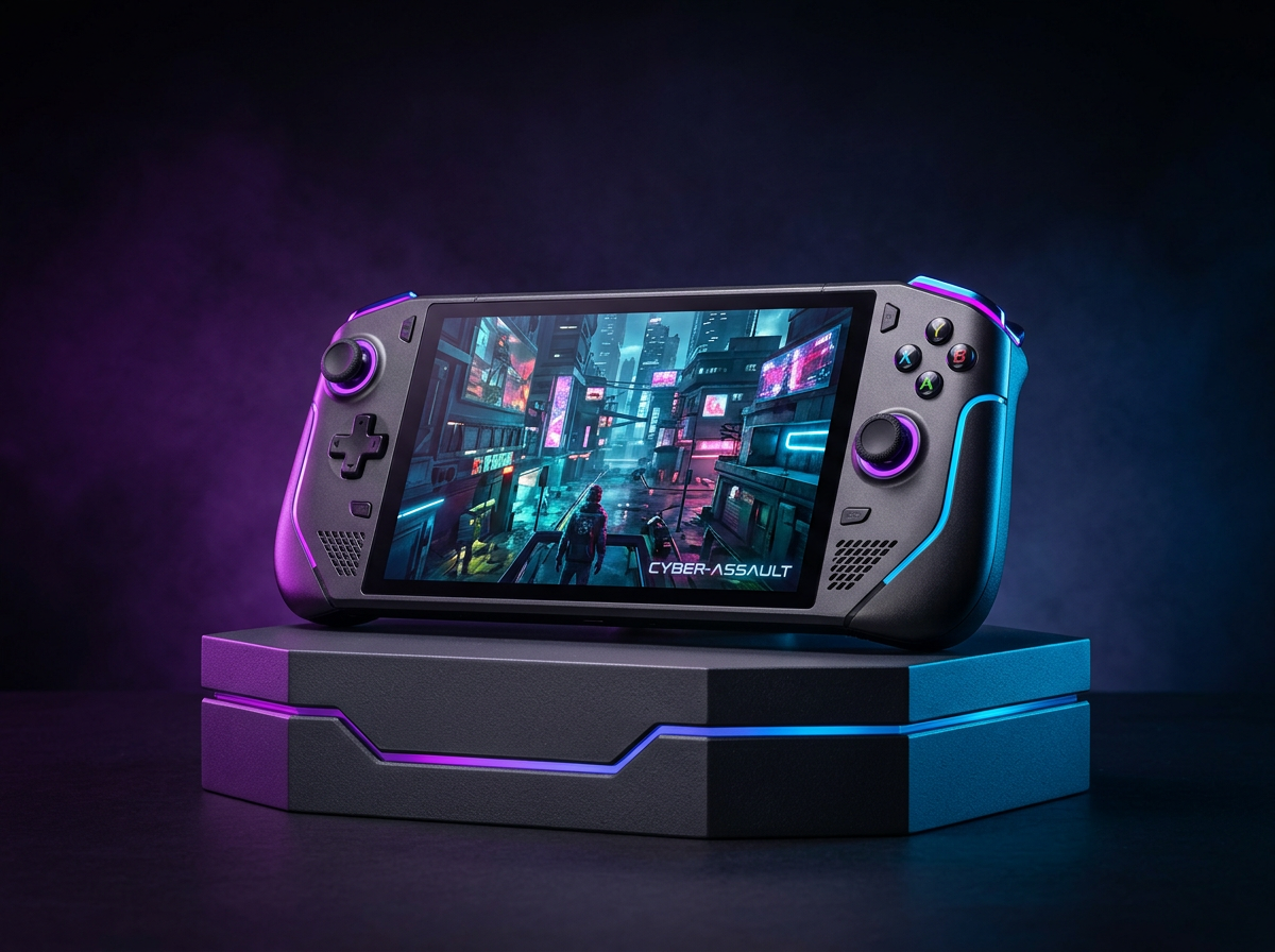 Flagship handheld gaming PC on a dark pedestal with violet lighting