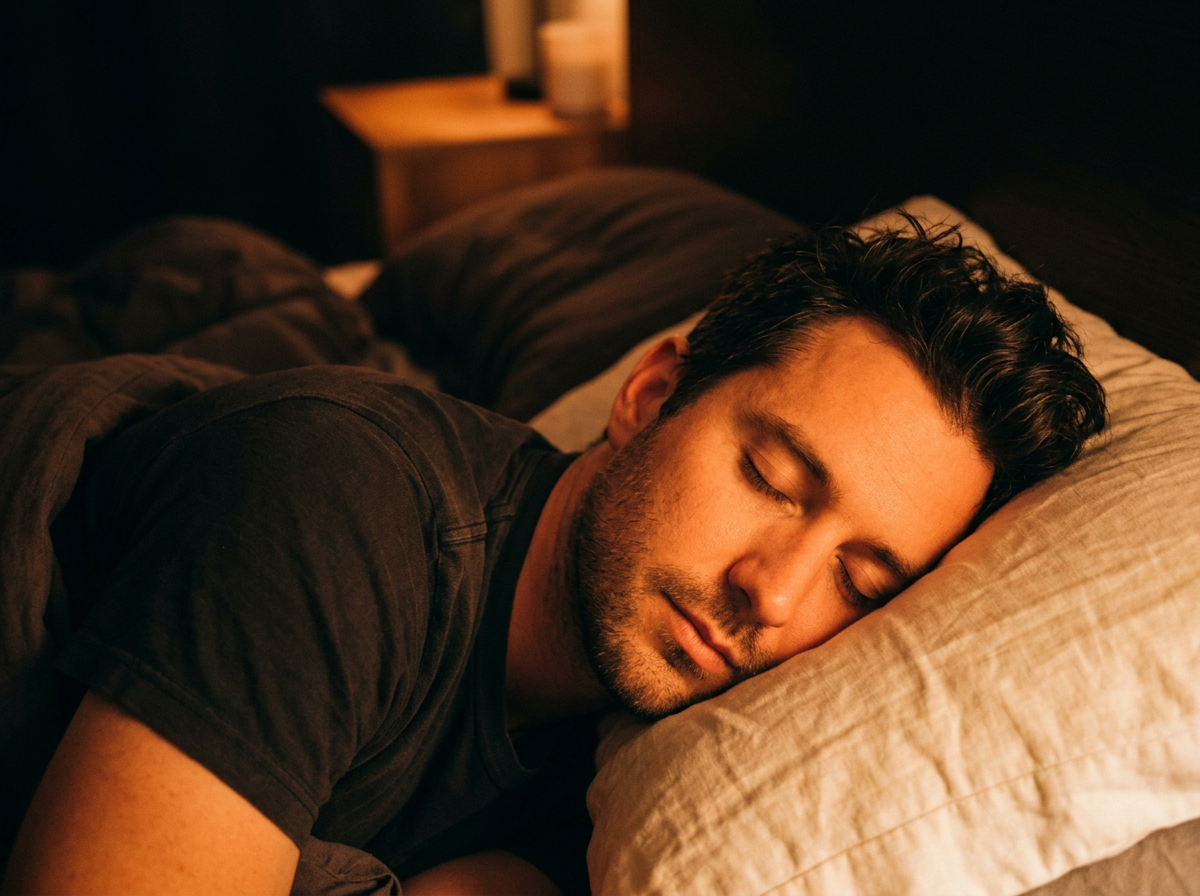 Man sleeping peacefully in warm low light