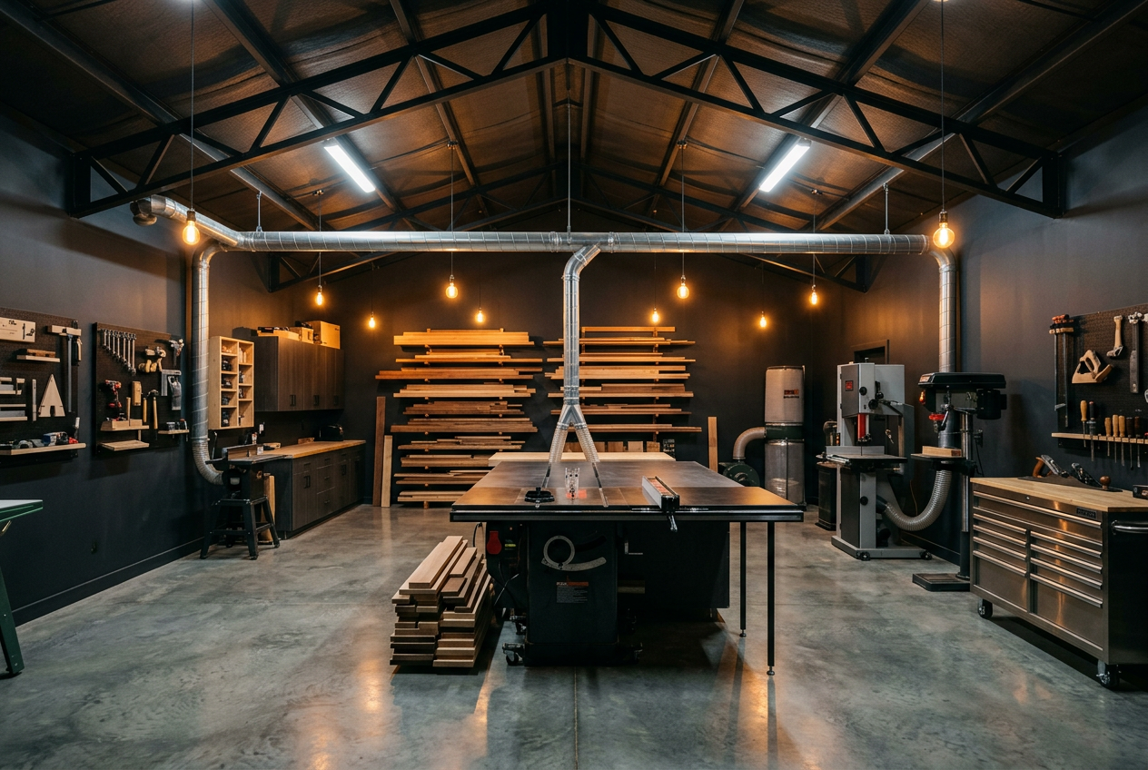 Dark, organized woodworking shop with overhead dust collection ducting and a table saw at center
