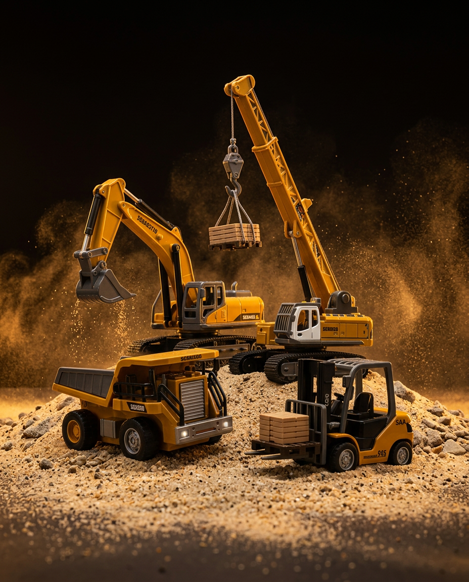 Mini RC excavator, crane, dump truck and bulldozer on a mound of sand lit by a warm golden glow