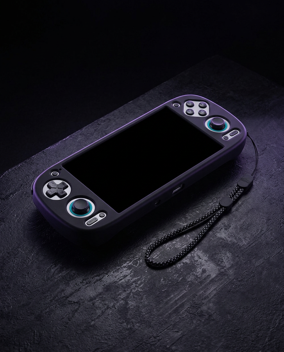 Handheld console in a protective silicone case on a dark surface