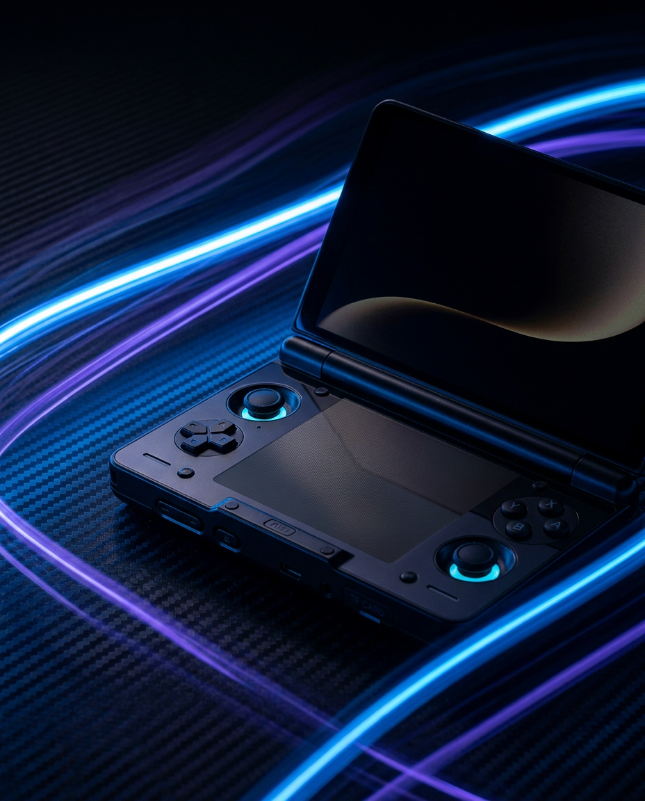 Dual-screen clamshell handheld on a carbon-fiber desk with blue light streaks