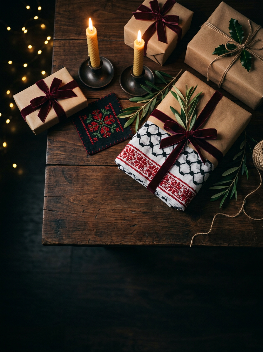 Christmas gifts wrapped in kraft paper and burgundy ribbon beside a tatreez keffiyeh, candles and olive sprigs