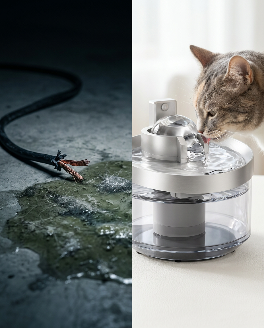 Split view: a frayed electrical cord beside a slimy stagnant puddle, next to a cat safely drinking from the cordless Meowsy fountain