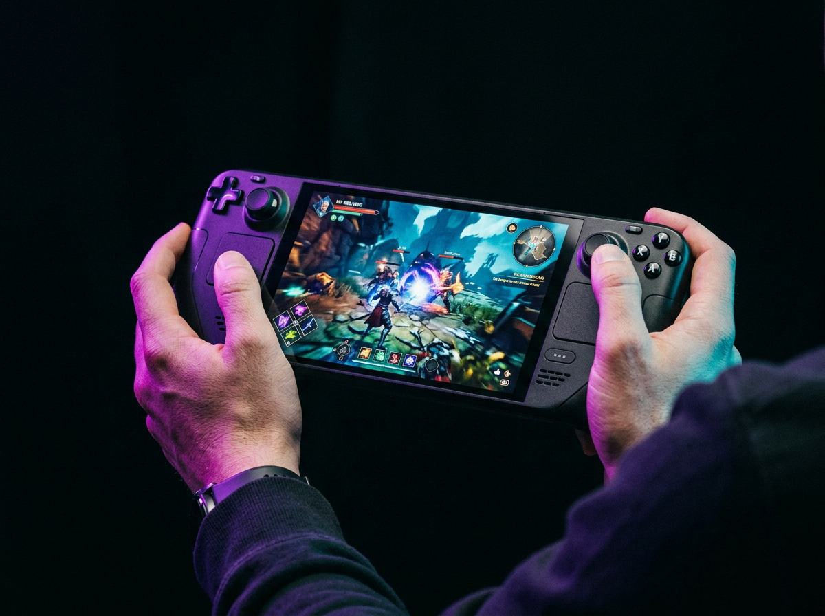 Handheld gaming console held in two hands with a glowing screen