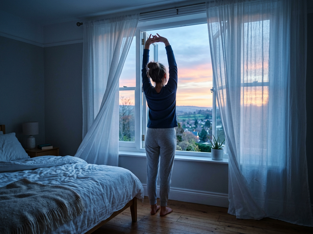 Woman stretching by a bedroom window at sunrise